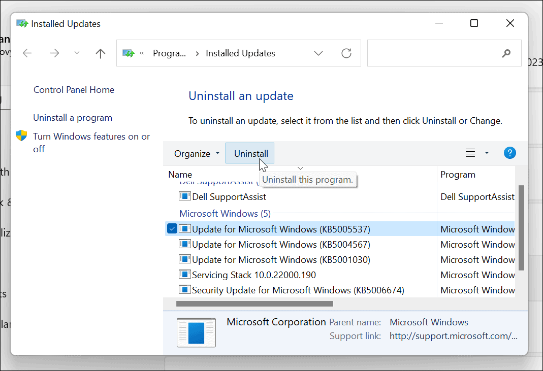 távolítsa el a Windows 11 összesített frissítését