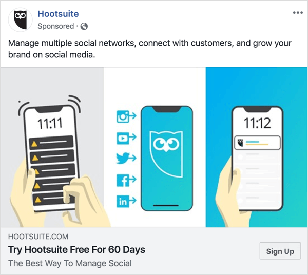 A Hootsuite Facebook-hirdetés üzenete világos és tömör. 