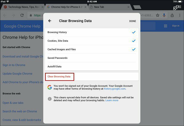 Törölje a böngészési adatok Chrome-alkalmazás iOS rendszerét