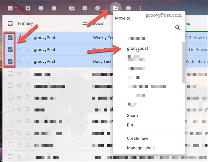 Gmail-bejegyzések áthelyezése