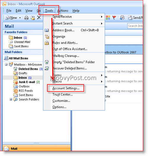 Adjon hozzá postafiókot az Outlook 2007:: groovyPost.com webhelyhez