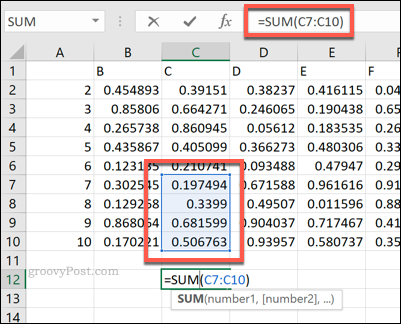 Excel SUM képlet cellatartományt használva