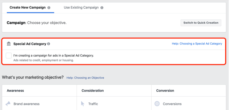 A Facebook speciális hirdetési kategóriája jelölőnégyzet az Ads Managerben