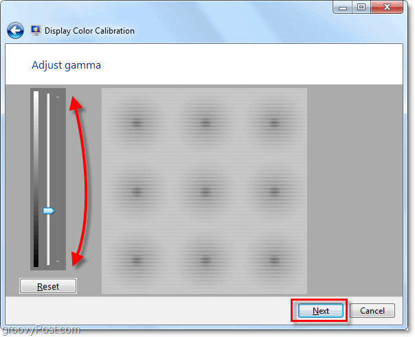 használja a görgetősávokat, hogy mozgassa a gamma-t fel és le, hogy megfeleljen az előző Windows 7 oldal képének
