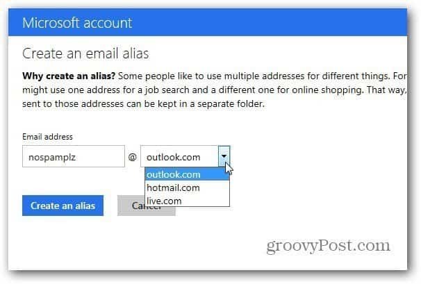 Az Outlook.com kapcsolt fiók-támogatása az álnevek számára