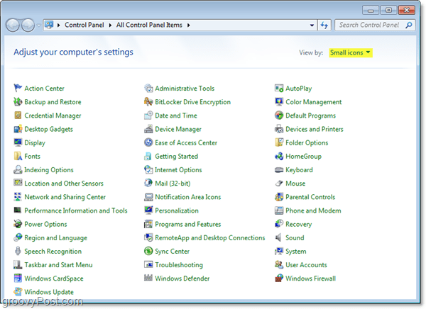 a Windows 7 kezelőpanelje automatikusan kis ikonok nézetben jelenik meg