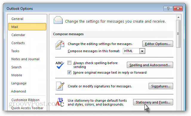 Az alapértelmezett betűkészlet megváltoztatása az Outlook 2010 alkalmazásban
