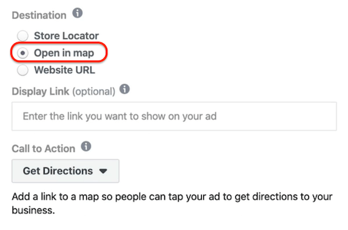 Megnyitás Térképben opció, amelyet hirdetési szinten választottak ki a Facebook Ads Manager alkalmazásban