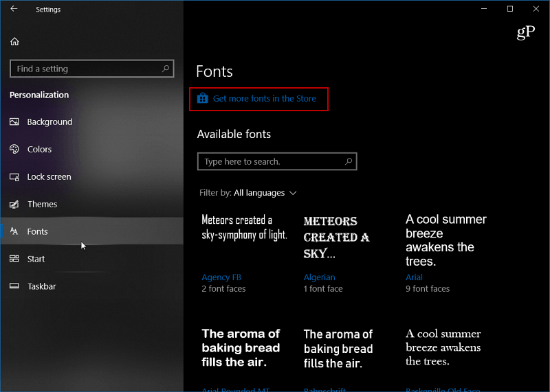 A Windows 10-font-beállítások