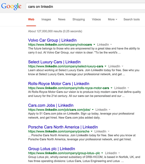 A linkedin cégoldala a google keresési találatokat jeleníti meg a linkedin gépkocsik számára