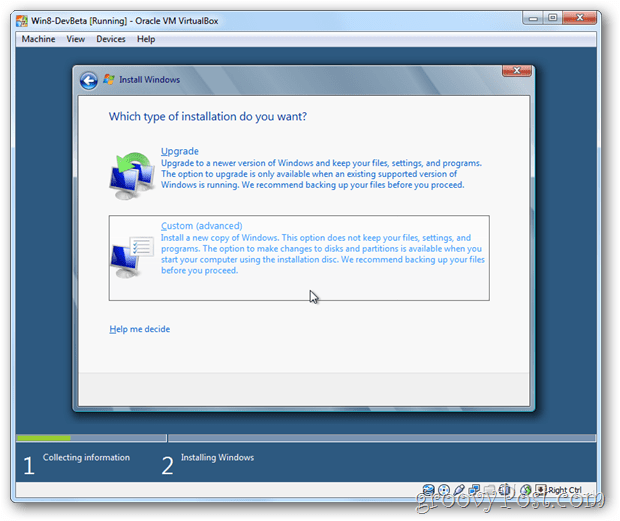 A VirtualBox Windows 8 válassza az egyedi telepítést