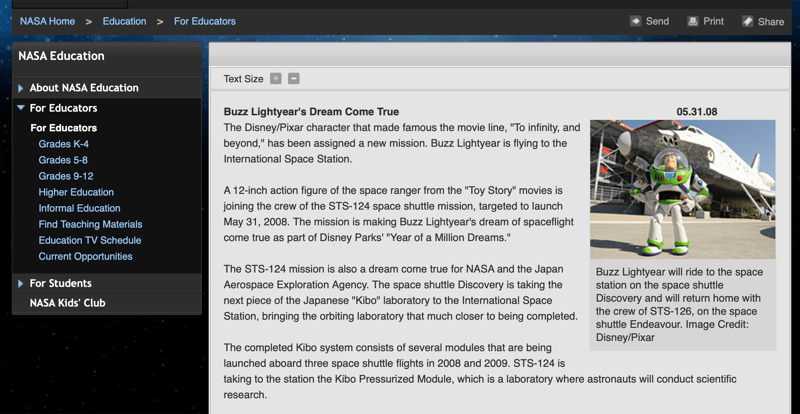 Nasa cikk a Buzz Lightyear játékról az űrben
