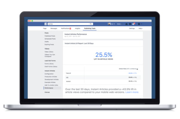 A Facebook egy új elemző eszközt vezetett be, amely összehasonlítja a Facebook Instant Articles platformján keresztül közzétett tartalom teljesítményét más mobil web-ekvivalensekkel összehasonlítva.