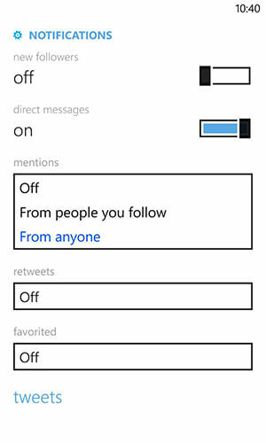 a Windows Phone twitter értesítési beállításai
