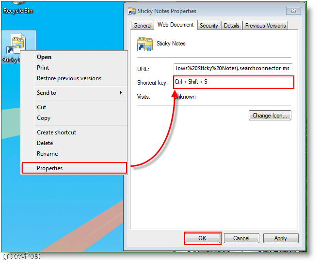 Windows 7 Új gyorsbillentyű-hozzárendelési menü létrehozása: Képernyőkép