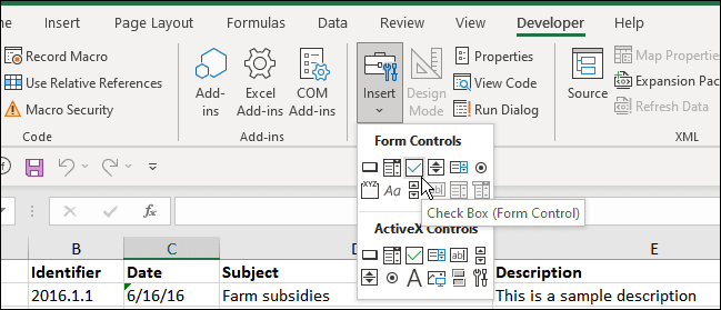 jelölőnégyzet beszúrása fejlesztői Excel