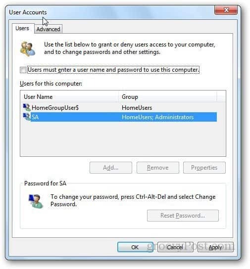 Bejelentkezés a Windows 7 automatikusan 1