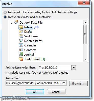 manuális archívumbeállítások az Outlook 2010 alkalmazásban