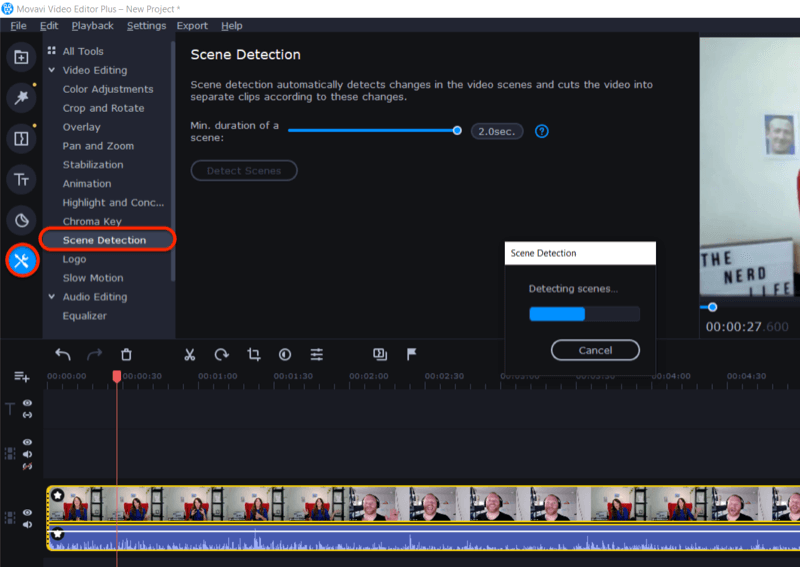 hozzáférhet a Movavi Video Editor Plus jelenetfelismerési funkciójához