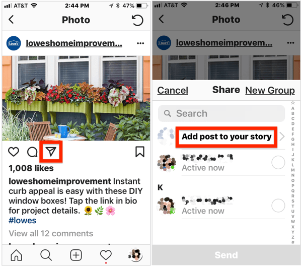 Nyilvános bejegyzés hozzáadásához Instagram-történetéhez nyissa meg a bejegyzést, érintse meg a kép alatt található repülőgép ikont, majd válassza az előugró menü Bejegyzés hozzáadása a történetéhez elemét.