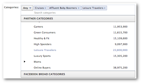 facebook partner kategóriák kiválasztása