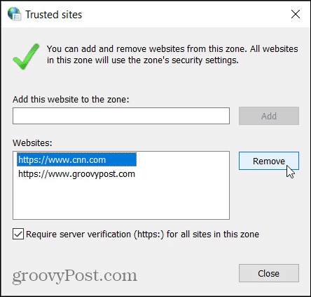 Távolítsa el a megbízható webhelyeket a Windows Vezérlőpultról