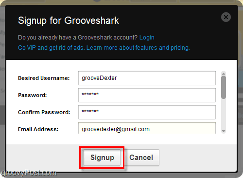 Grooveshark regisztrációs folyamat