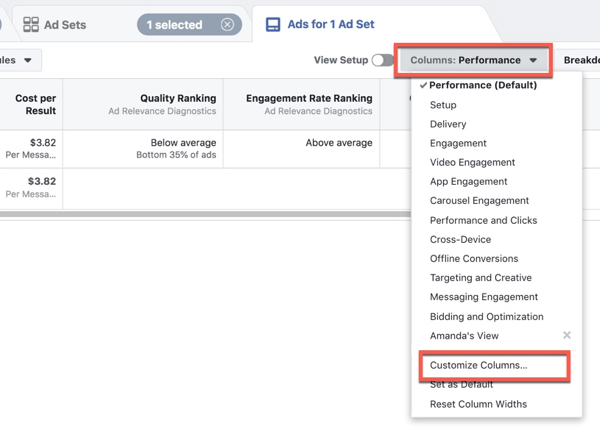 A Facebook Ads Manager testreszabása az oszlopok testreszabásához.