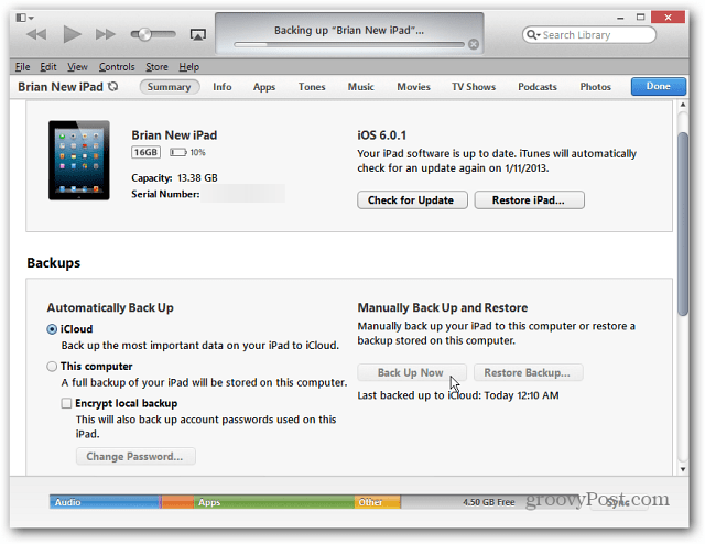 Az iPad biztonsági mentése az iTunes segítségével