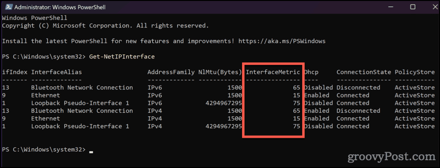 Get-NetIPInterface kimenet