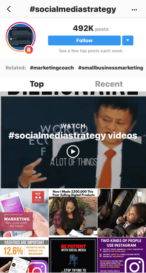 Hogyan lehet stratégiai módon megnövelni Instagramját, kövesse a 11. lépést, keresse meg a releváns példamutatókat, keressen mintakeresést a „#socialmediastrategy” videókra