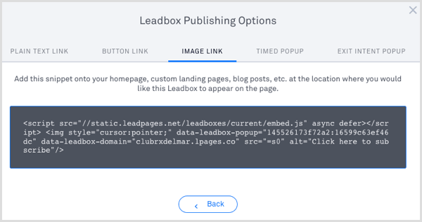 A LeadPages leadbox közzétételi kódja 
