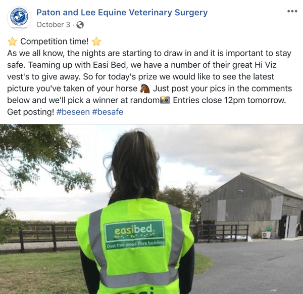 Példa a Facebook-bejegyzésre Paton és Lee Equine Veterinary Surger versenyével.