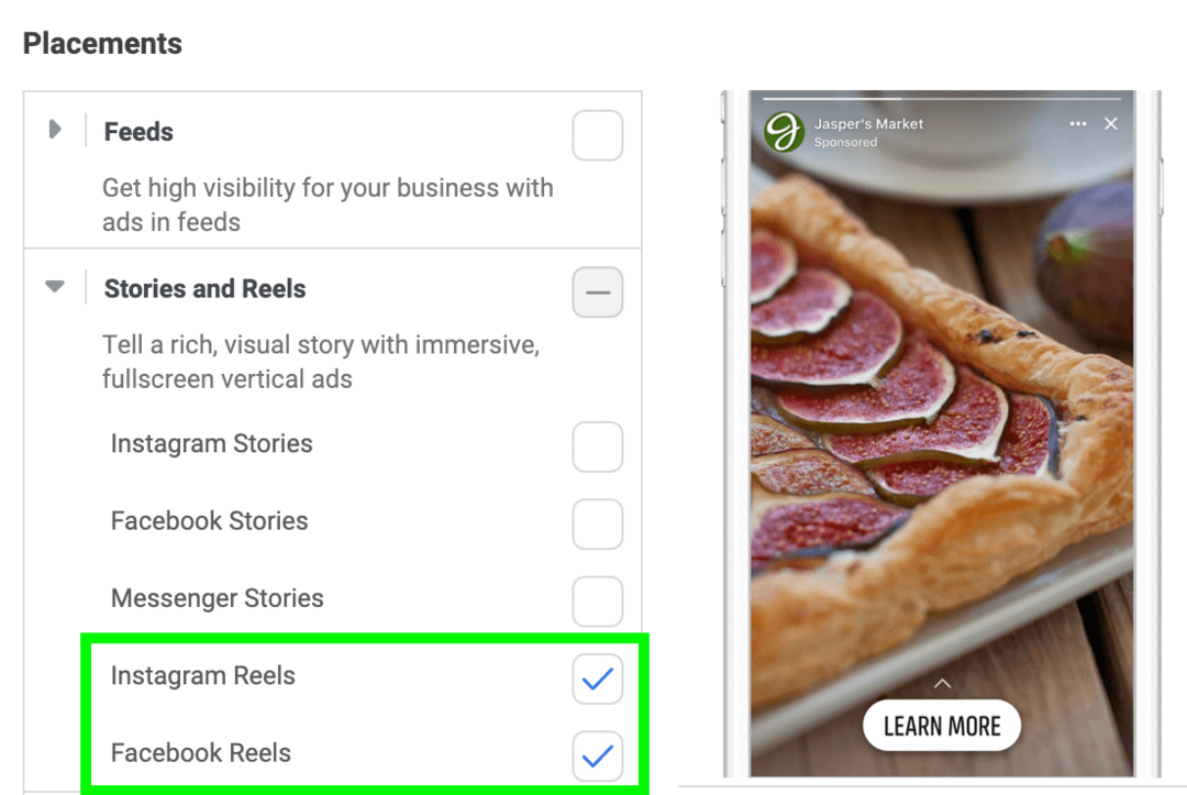a Stories and Reels hirdetéselhelyezéseinek képe a Meta Ads Managerben