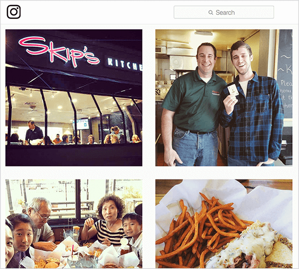 Ez egy képernyőkép a #skipsdiner címkével ellátott Instagram-fotókról. Az egyik az étterem külsejét mutatja, az egyik egy kártyával rendelkező férfit mutat, mintha a Joker játékot nyerte volna meg, az egyik az asztalnál étkező családot, a másik pedig a megrendelt ételeket mutatja. Jay Baer szerint a Joker játék a beszélgetés kiváltó példája.