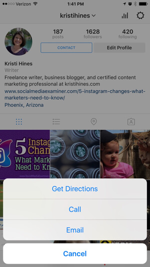 instagram üzleti profil kapcsolattartási lehetőségek