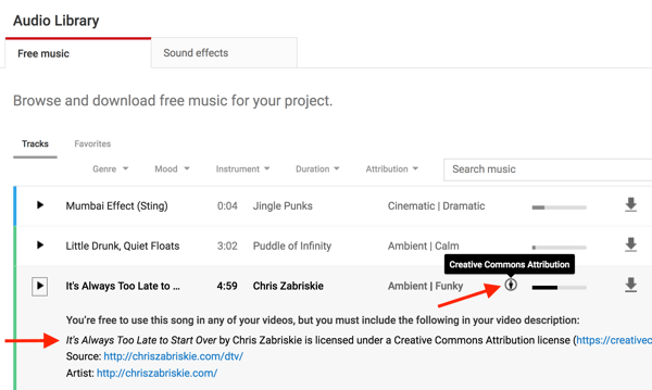 A YouTube Audio Library zenefájljai megjegyzik, ha jóvá kell írnod ​​az eredeti alkotót.