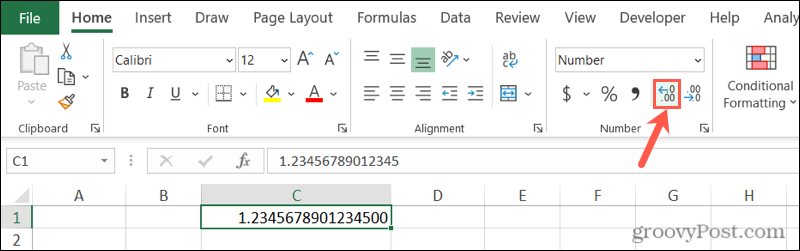 Állítsa le az Excel kerekítését a Tizedesjegy növelése gombbal