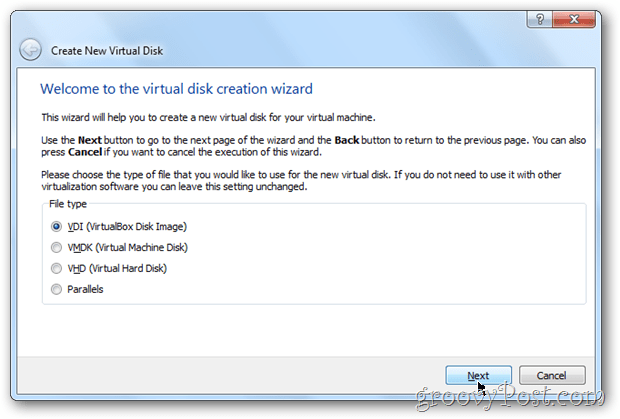 A VirtualBox válassza a Windows 8 virtuális doboz lemezképének típusát