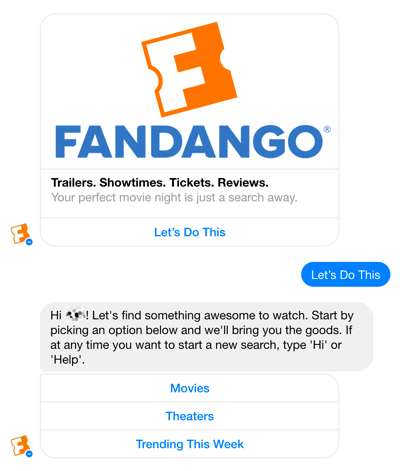 A Fandango Facebook Messenger chatbotja segíti a felhasználókat a filmválasztásban.