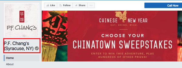PF Chang Syracuse, NY helyén szürke jelvény jelzi, hogy ez egy ellenőrzött Facebook-oldal.