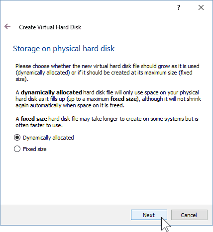 06 A virtuális gép tárolási típusának meghatározása (Windows 10 Install)