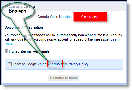 A Google Voice Szolgáltatási feltételek linkje megszakadt