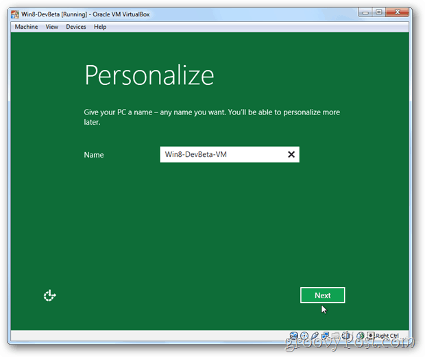 A VirtualBox Windows 8 személyre szabhatja a telepítő számítógép nevét