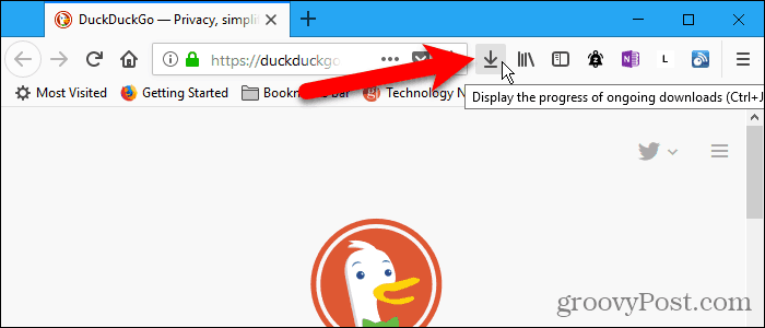 Letöltések gomb az eszközsoron a Firefoxban