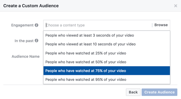 A videók elkötelezettségén alapuló egyéni közönség számára kiválaszthatja, hogy a videód mekkora részét kell megnéznie valakinek, hogy megnézze az újból célzó hirdetését.