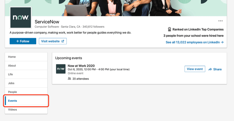képernyőkép a linkedin cég oldaláról, kiemelve az adott cég esemény fülét