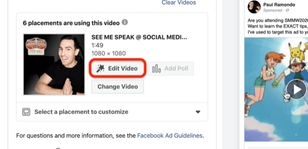 Videó szerkesztése opció a Facebook videohirdetéshez