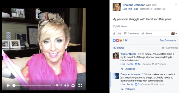 Facebook Élő videó bejegyzés a Chalene Facebook-oldalán.