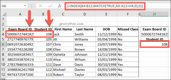 Példa az INDEX és a MATCH kombinált képletre az Excel programban